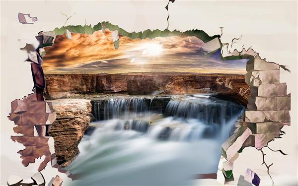 پوستر سه بعدی منظره آبشار و کوه و رودخانه در پشت شکاف دیوار آجری