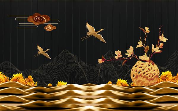 پوستر لاکچری سه بعدی موج های طلایی با لک لک و گلدان گل
