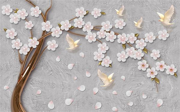 پوستر سه بعدی شاخه رزگلد با شکوفه های سفید و صورتی در زمینه سیمانی