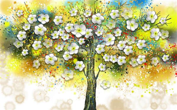 نقاشی رنگ و روغن درخت پر شکوفه با پس زمینه رنگارنگ