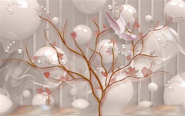 درخت طلایی و شکوفه های صورتی با کره های سفید سه بعدی