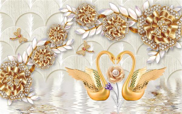 قوهای طلایی بر روی آب با گل های جواهرنشان و مروارید طرح سه بعدی