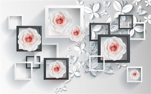 گل های زیبا در قاب های مربعی سیاه و سفید طرح سه بعدی