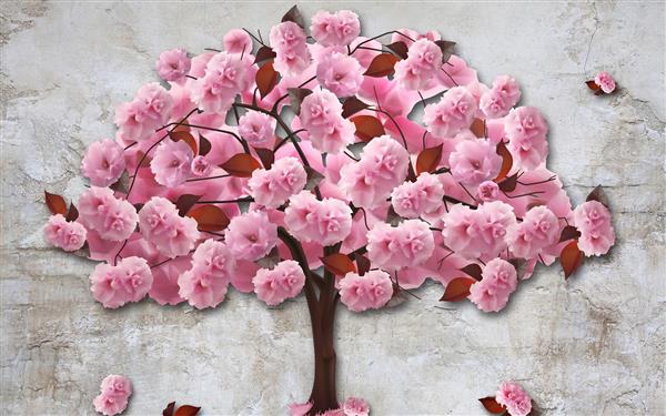 طرح درخت با شکوفه های زیبای صورتی در پس زمینه سیمانی 