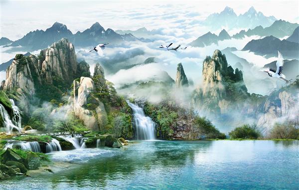 طرح سه بعدی لک لک ها در آسمان مه آلود با آبشار و دریاچه