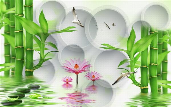طرح سه بعدی گل های نیلوفر و بامبو در آب با قاب های دایره ای در زمینه