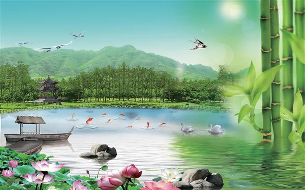 طرح بامبو و گل های نیلوفر با مرغان دریایی و قایق بر روی دریاچه