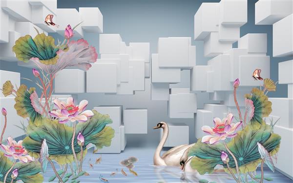 طرح نقاشی آبرنگی گل های رنگارنگ و قوی زیبا با مکعب های سفید در زمینه