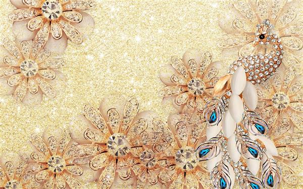 طاووس جواهرنشان بر روی گل های طلایی جواهرنشان طرح سه بعدی