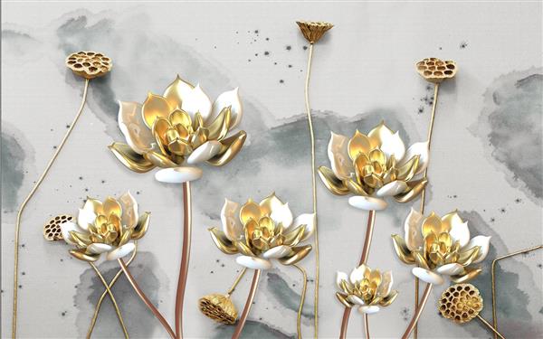 طرح سه بعدی گل های طلایی در پس زمینه آبرنگ