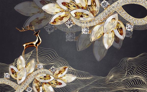 طرح سه بعدی انتزاعی مجسمه گوزن طلایی با جواهرات و الماس های درخشان