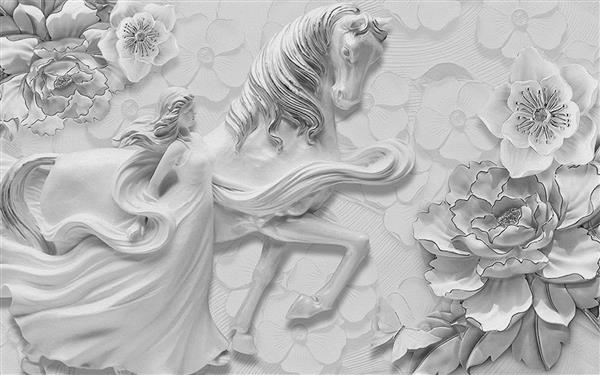 طرح سه بعدی حکاکی زن زیبا با اسب و گل
