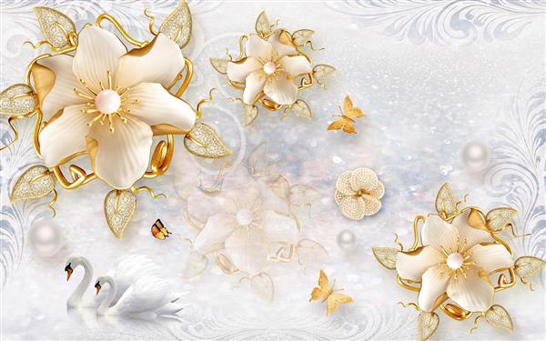 طرح سه بعدی گل های جواهرنشان کرم و طلایی با مروارید و قو