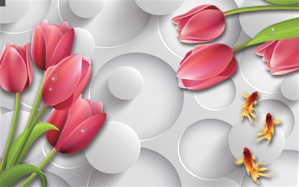 طرح سه بعدی گل های لاله قرمز با زمینه سفید