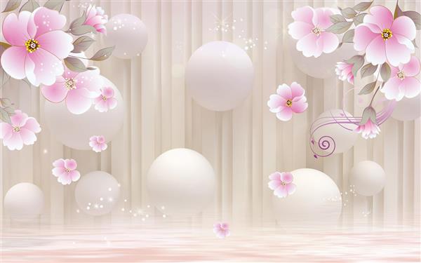 طرح سه بعدی حباب های سفید با شکوفه های سفید و صورتی زیبا