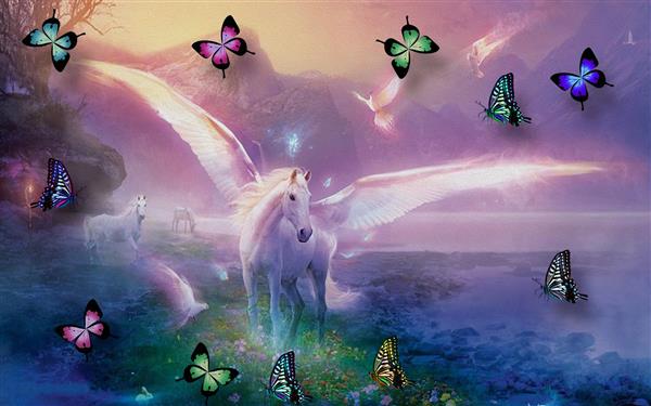 طرح سه بعدی اسب بالدار سفید و پروانه های رنگی با پس زمینه کوهستان