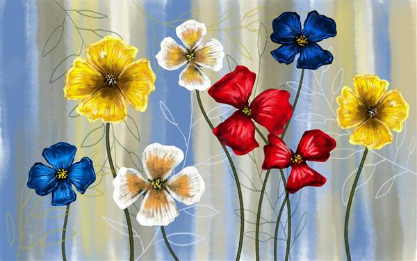 نقاشی گل های رنگارنگ زیبا با پس زمینه آبی و کرم