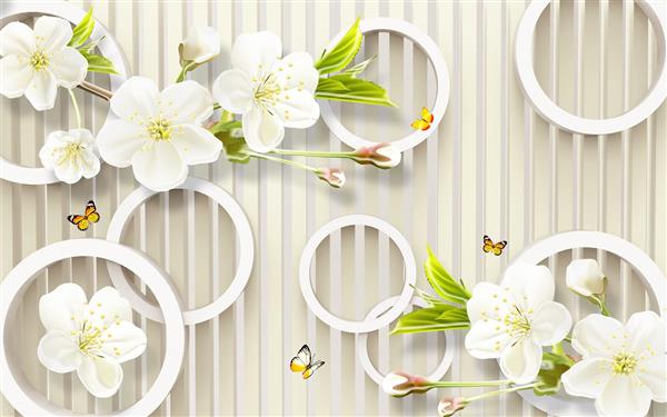 طرح تصویر سه بعدی شکوفه های سفید و برگ های سبز با پس زمینه حلقه و نوار 