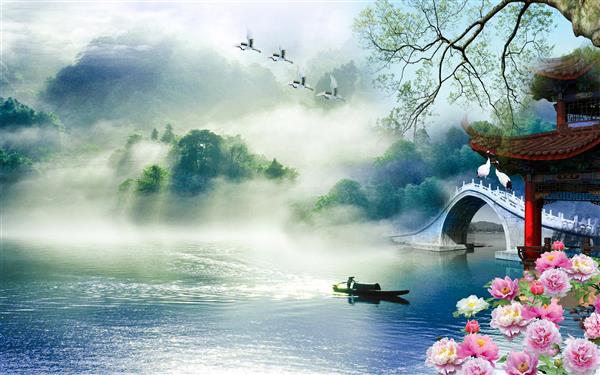 طرح منظره گل های صورتی و خانه سبک چینی در کنار رودخانه 