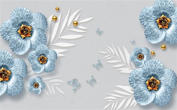 گل های جواهرنشان آبی و طلایی با برگ و مروارید طرح سه بعدی