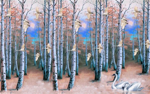 منظره سه بعدی نقاشی رنگ و روغن قوهای زیبا در جنگل 