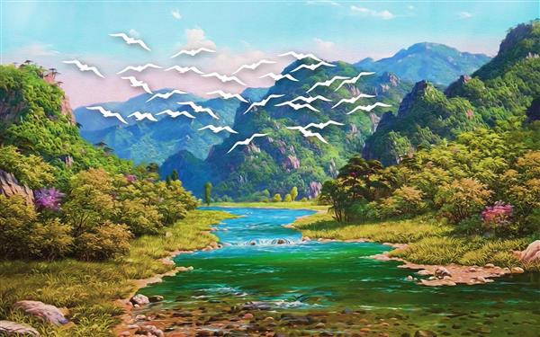 منظره نقاشی رنگ و روغن جنگل و رودخانه 