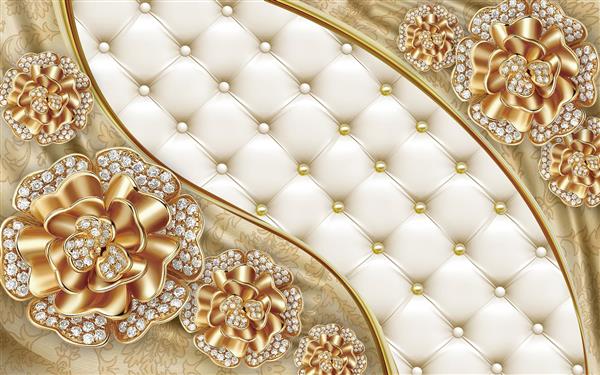 طرح سه بعدی گل های جواهرنشان طلایی با زمینه چرمی