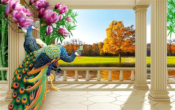 طرح سه بعدی طاووس و شکوفه در تراس عمارت رو به باغ