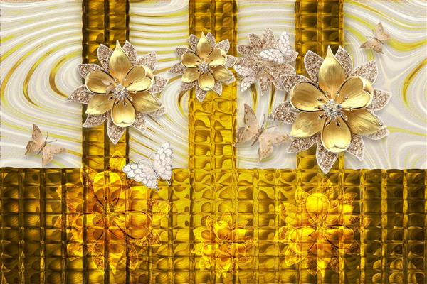 طرح سه بعدی گل های جواهرنشان طلایی 