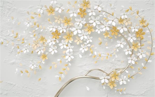 طرح پوستر سه بعدی شاخه و شکوفه های طلایی و سفید