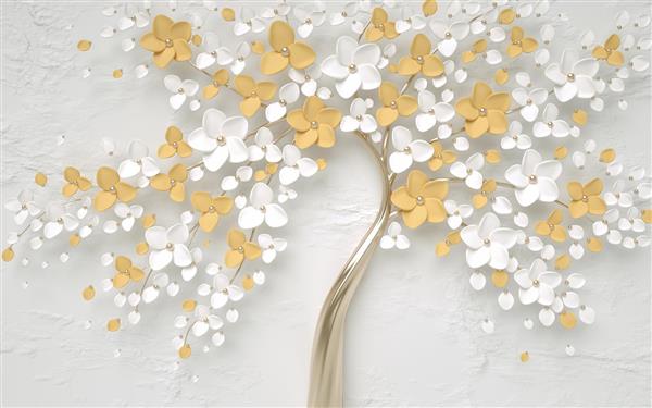 شاخه طلایی با شکوفه های سفید و طلایی طرح پوستر سه بعدی