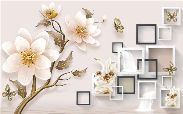 طرح پوستر سه بعدی قاب های سیاه و سفید با شاخه گل و پروانه