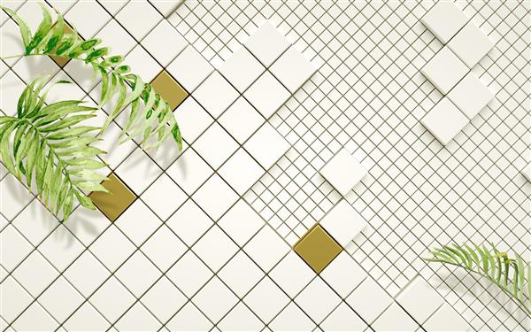 طرح پوستر سه بعدی برگ های سبز و مکعب های کرم و طلایی