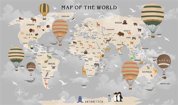 طرح پوستر بالن و پرندگان با پس زمینه نقشه جهان