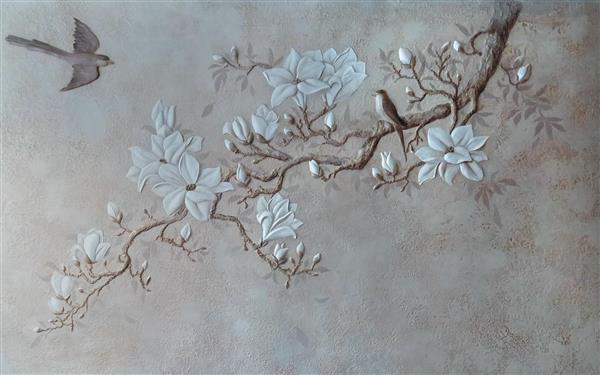 شاخه گل و پرندگان طرح پوستر سه بعدی