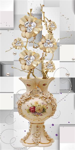 طرح پوستر سه بعدی گلدان سفید و طلایی و شاخه گل های طلایی با الماس