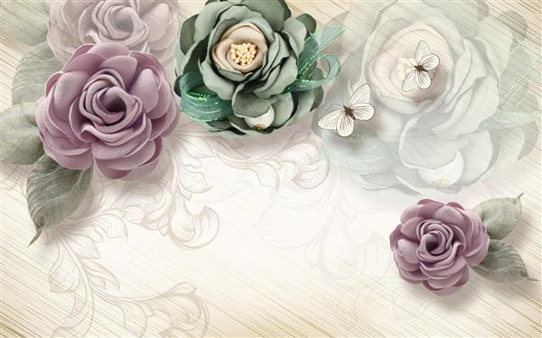 طرح پوستر سه بعدی پروانه و گل های سبز و بنفش و سفید