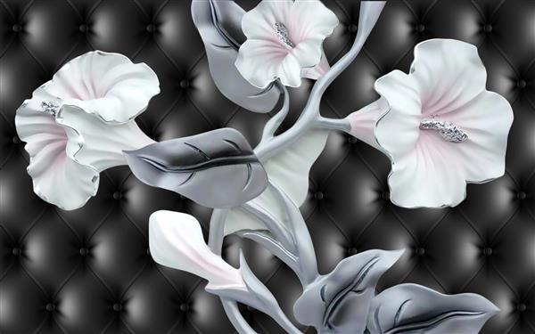 طرح پوستر سه بعدی شاخه گل سفید و صورتی در پس زمینه چرمی