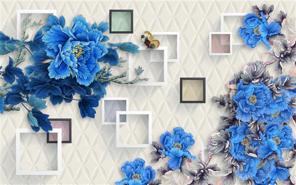 طرح پوستر سه بعدی گل های آبی و قاب های سفید و سیاه
