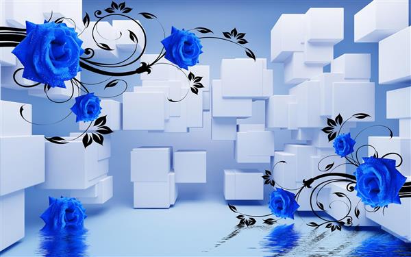 طرح پوستر سه بعدی گل های رز آبی با شاخه های تزیینی سیاه و مکعب های سفید