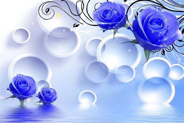 طرح پوستر سه بعدی گل های رز آبی و دایره های سفید با شاخه های تزیینی مشکی