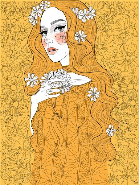 وکتور زن زیبای طلایی روی پس‌زمینه گل‌های آرایشی