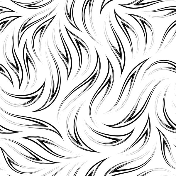 وکتور الگوی بدون درز سیاه و سفید گوشه‌های روان بافت انتزاعی از شعله‌های تلطیف شده جدا شده در پس‌زمینه سفید
