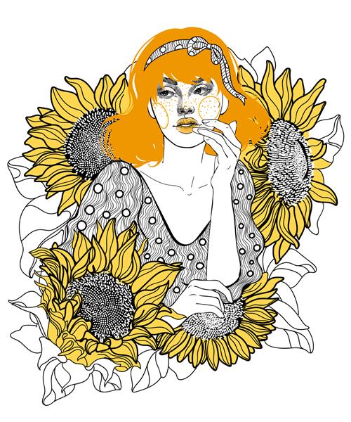تصویر یک دختر کشاورز زیبا با موهای طلایی که در میان گل های آفتابگردان عظیم الجثه رسیده نشسته است