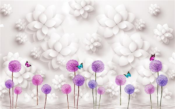 تصویر گلهای زیبای قاصدک بنفش روی کاغذ دیواری سه بعدی پس زمینه دیوار سفید