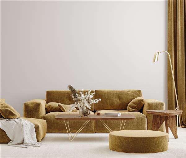 موکاپ فضای داخلی اتاق نشیمن مدرن با مبل مخملی شیک فرش بژ و چراغ کف طلایی رندر سه بعدی