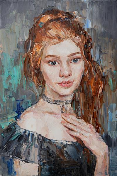نقاشی هنری پرتره دختری با موهای قرمز
