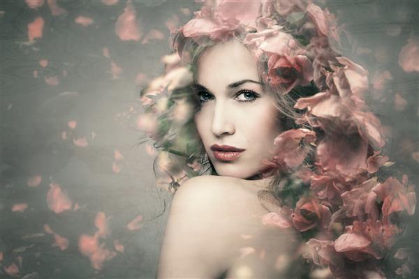 پرتره زیبایی زن با گل عکس ترکیبی