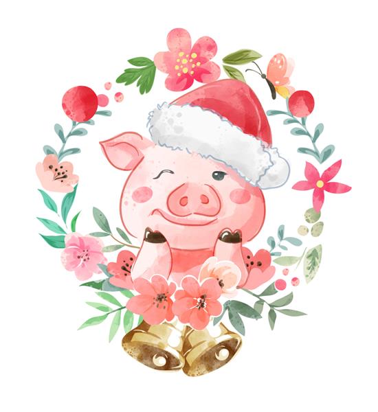 خوک کارتونی ناز در تصویر کلاه کریسمس و گل های رنگارنگ