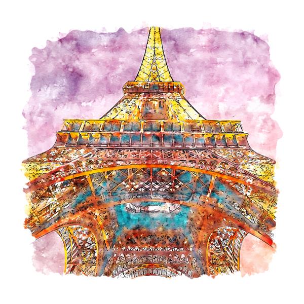 برج شب ایفل پاریس فرانسه طرح آبرنگ نقاشی دست کشیده